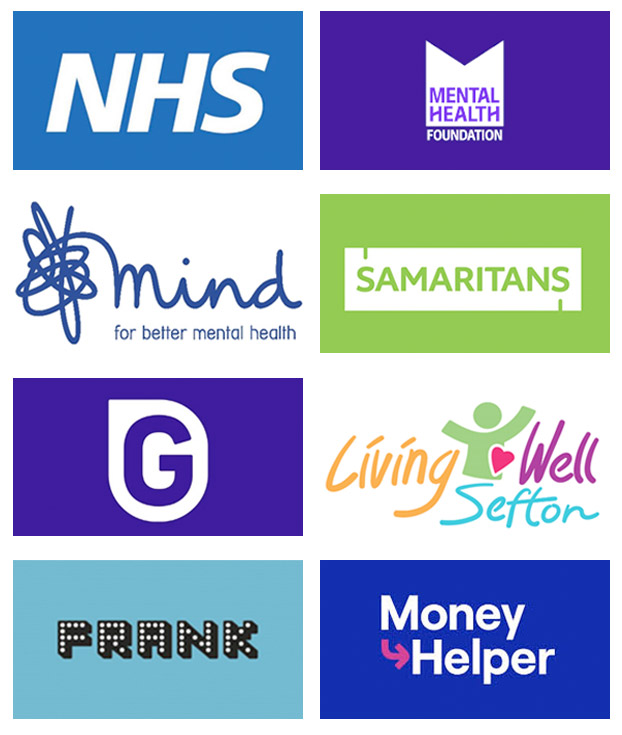 A selection of logos, including NHS, Mental Health Foundation, Mind, Samaritans, Living Well Sefton, Gamble Aware, Frank and Money Helper.