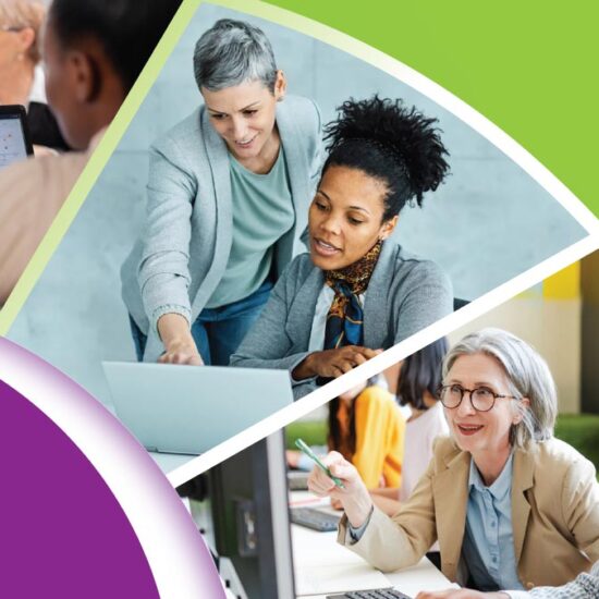 A collage of diverse individuals learning together using laptops and desktop computers in a training environment.