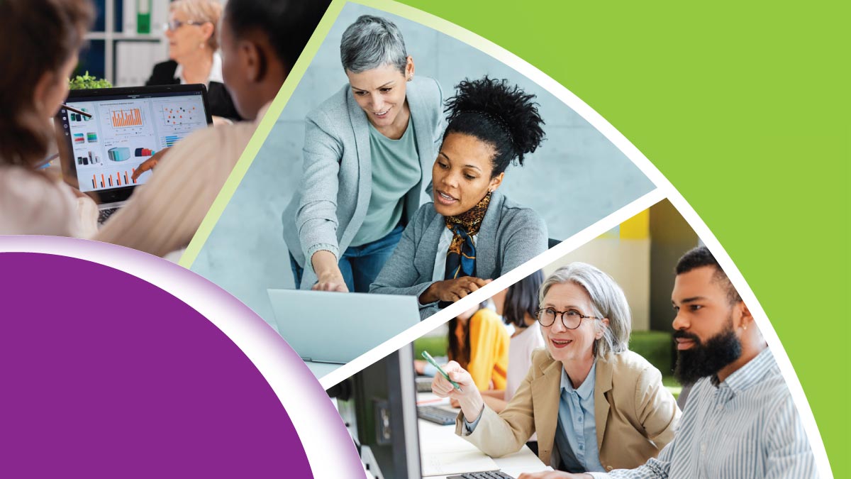 A collage of diverse individuals learning together using laptops and desktop computers in a training environment.