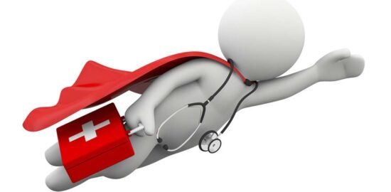 A 3D illustration of a stick figure doctor wearing a red cape and a stethoscope, flying while holding a red first aid kit.