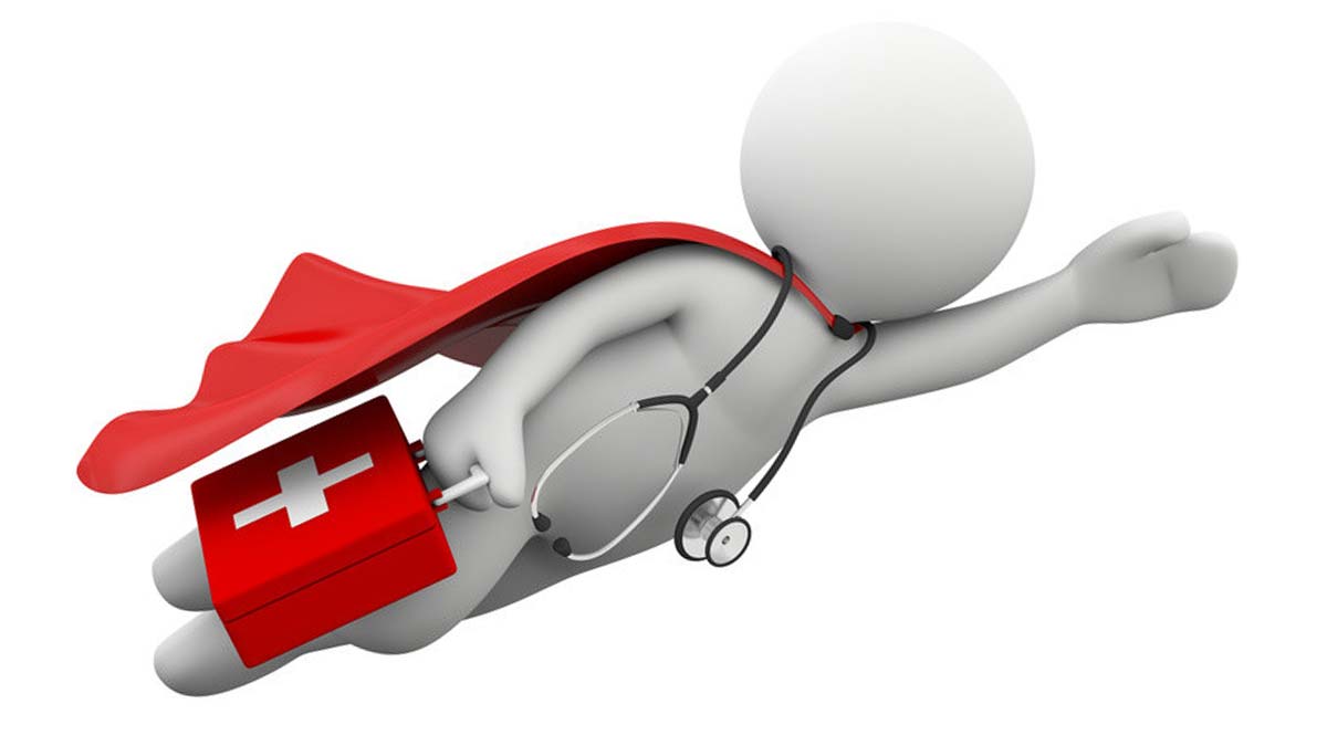 A 3D illustration of a stick figure doctor wearing a red cape and a stethoscope, flying while holding a red first aid kit.