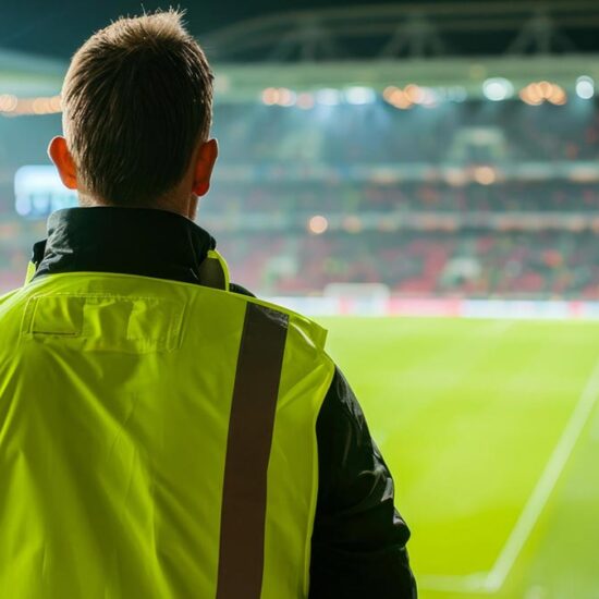 A staff member wearing a high-visibility yellow vest stands with their back to the camera, overlooking a crowded sports stadium pitch during a night event.