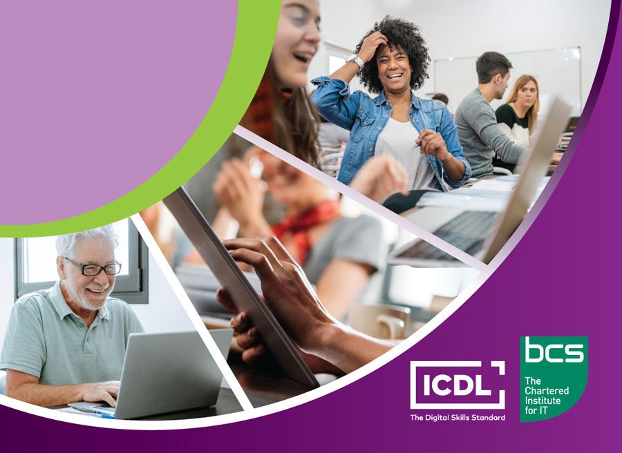 A collage of people using laptops and tablets in a learning environment. Overlaid with the ICDL and BCS logos.