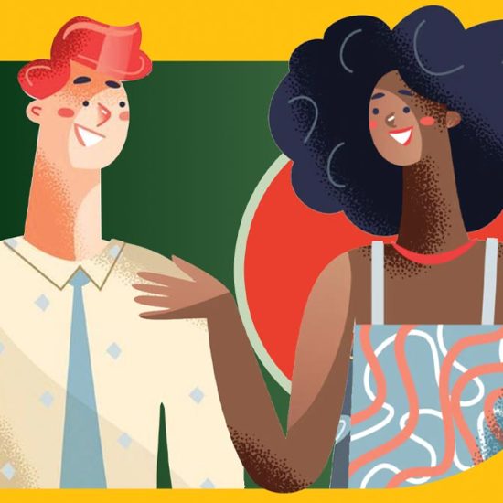 Illustration of two young people smiling and chatting.