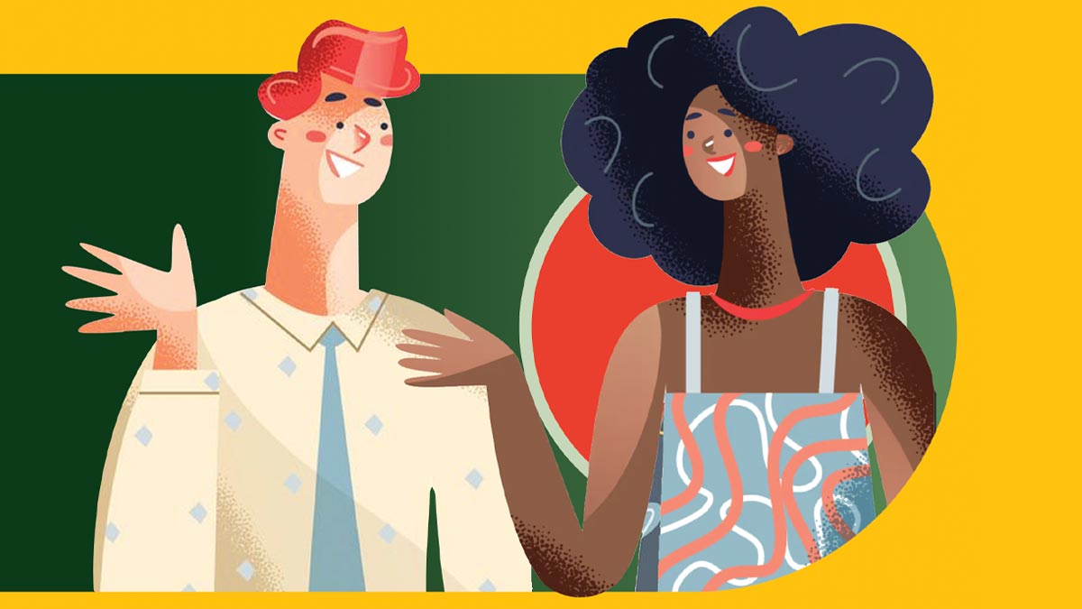 Illustration of two young people smiling and chatting.