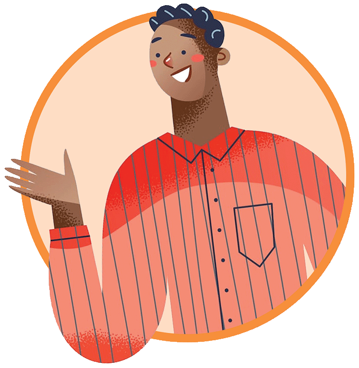 Illustration of a young man smiling broadly and raising his hand.