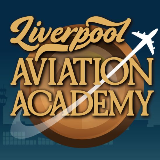 The Aviation Academy logo - gold and teal retro style with a plane flying across it.