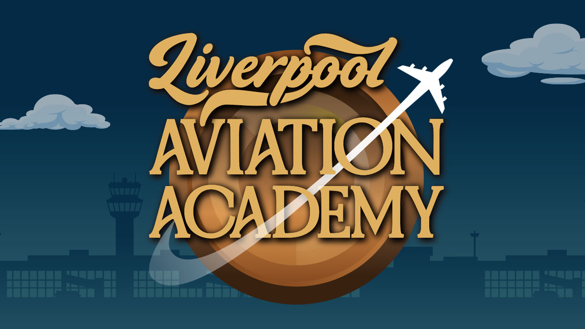 The Aviation Academy logo - gold and teal retro style with a plane flying across it.