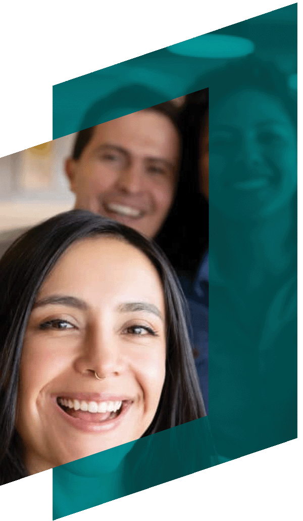 A stylised photo of a middle aged lady, two other people behind her, intersected with geometric shapes.