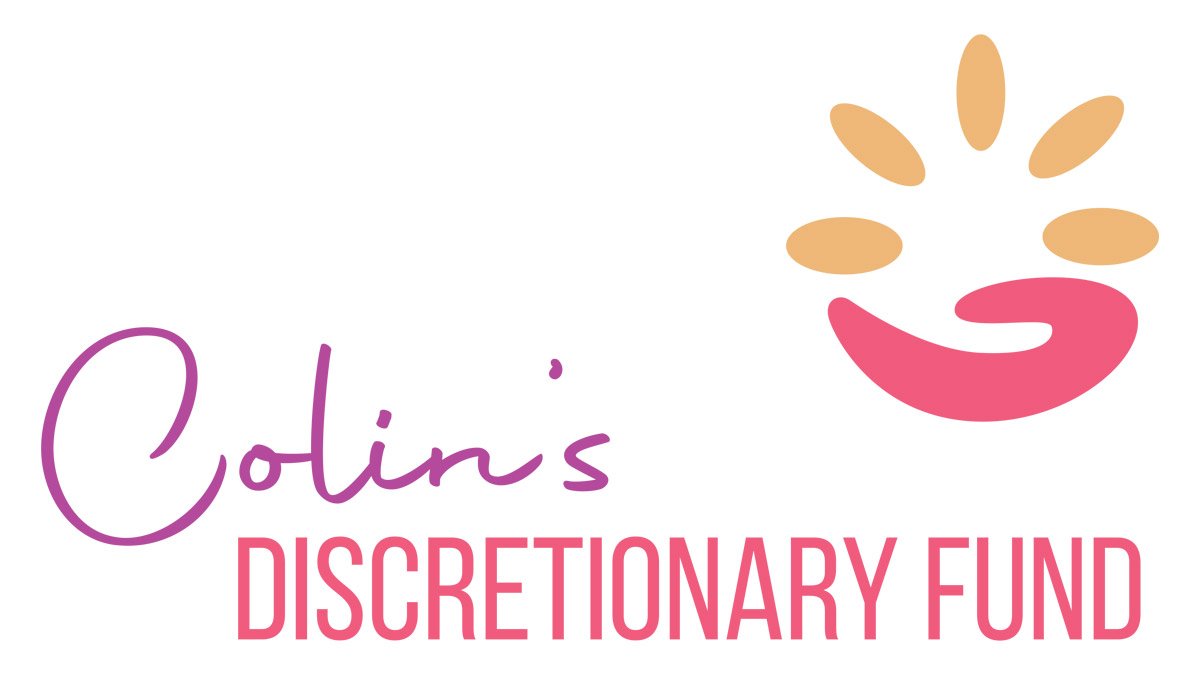 Logo: Colin's Discretionary Fund, stylised text with a hand icon holding a blooming flower.