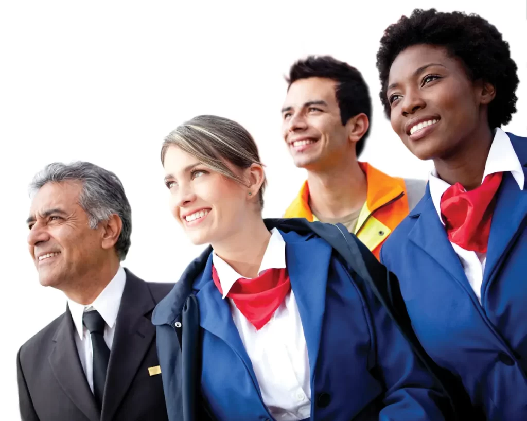 A group of airport staff representing various roles.