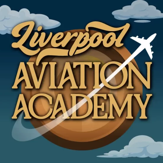 Liverpool Aviation Academy Logo - an Art Deco image of a bronze circle with a plane flying through the lettering.