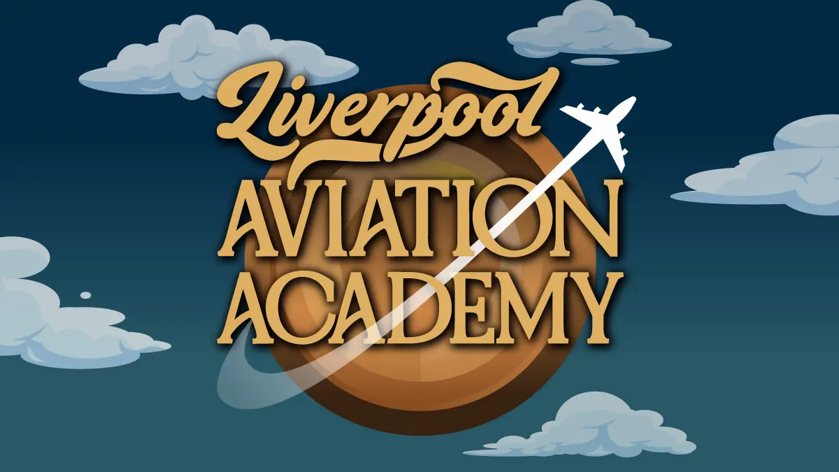 Liverpool Aviation Academy Logo - an Art Deco image of a bronze circle with a plane flying through the lettering.